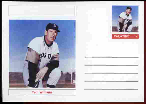 Palatine (Fantasy) Personalities - Ted Williams (baseball) postal stationery card unused and fine, stamps on , stamps on  stamps on personalities, stamps on  stamps on sport, stamps on  stamps on baseball