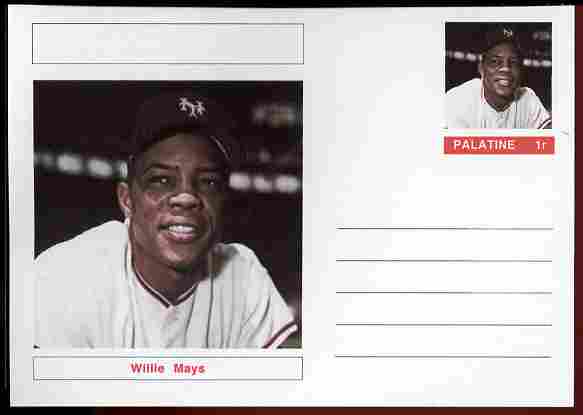 Palatine (Fantasy) Personalities - Willie Mays (baseball) postal stationery card unused and fine, stamps on , stamps on  stamps on personalities, stamps on  stamps on sport, stamps on  stamps on baseball