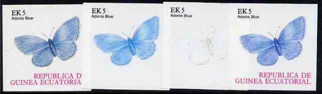 Equatorial Guinea 1977 Butterflies EK5 (Adonis Blue) set of 4 imperf progressive proofs on ungummed paper comprising 1, 2, 3 and all 4 colours (as Mi 1199) 