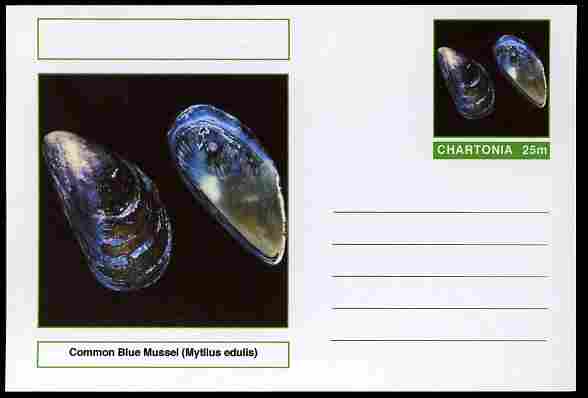 Chartonia (Fantasy) Shells - Common Blue Mussel (Mytilus edulis) postal stationery card unused and fine, stamps on marine life, stamps on shells