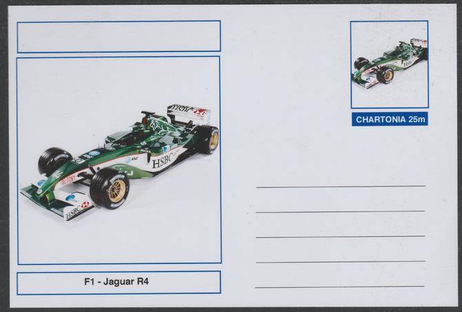 Chartonia (Fantasy) Formula 1 - Jaguar R4 postal stationery card unused and fine, stamps on , stamps on  stamps on transport, stamps on  stamps on cars, stamps on  stamps on  f1 , stamps on  stamps on formula 1, stamps on  stamps on jaguar