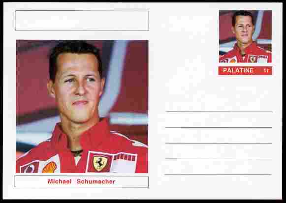 Palatine (Fantasy) Personalities - Michael Schumacher (F1 driver) postal stationery card unused and fine, stamps on , stamps on  stamps on personalities, stamps on  stamps on sport, stamps on  stamps on racing cars, stamps on  stamps on cars, stamps on  stamps on  f1 , stamps on  stamps on formula 1, stamps on  stamps on 