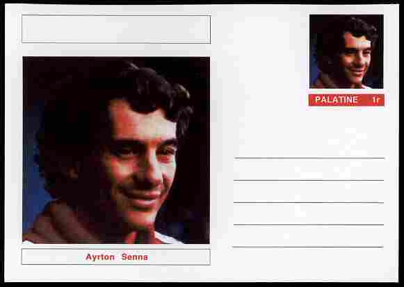 Palatine (Fantasy) Personalities - Ayrton Senna (F1 driver) postal stationery card unused and fine, stamps on , stamps on  stamps on personalities, stamps on  stamps on sport, stamps on  stamps on racing cars, stamps on  stamps on cars, stamps on  stamps on  f1 , stamps on  stamps on formula 1, stamps on  stamps on 