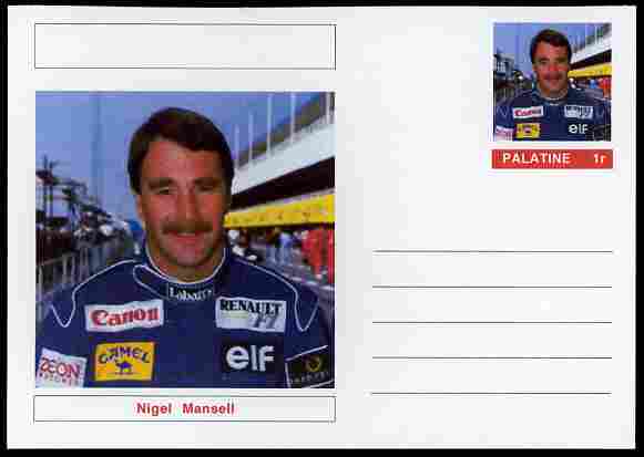 Palatine (Fantasy) Personalities - Nigel Mansell (F1 driver) postal stationery card unused and fine, stamps on personalities, stamps on sport, stamps on racing cars, stamps on cars, stamps on  f1 , stamps on formula 1, stamps on 