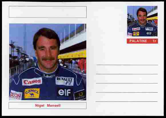 Palatine (Fantasy) Personalities - Nigel Mansell (F1 driver) postal stationery card unused and fine, stamps on , stamps on  stamps on personalities, stamps on  stamps on sport, stamps on  stamps on racing cars, stamps on  stamps on cars, stamps on  stamps on  f1 , stamps on  stamps on formula 1, stamps on  stamps on 