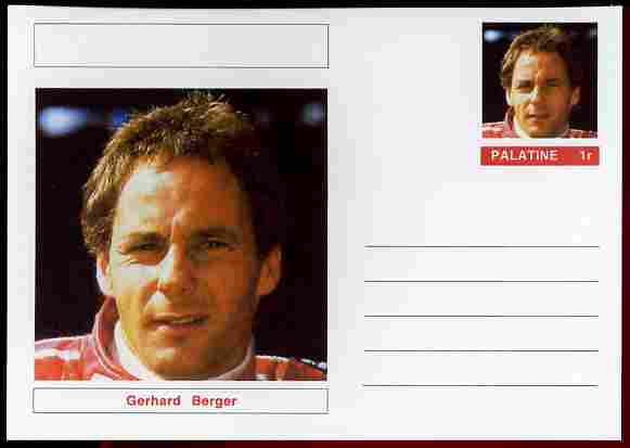 Palatine (Fantasy) Personalities - Gerhard Berger (F1 driver) postal stationery card unused and fine, stamps on , stamps on  stamps on personalities, stamps on  stamps on sport, stamps on  stamps on racing cars, stamps on  stamps on cars, stamps on  stamps on  f1 , stamps on  stamps on formula 1, stamps on  stamps on 