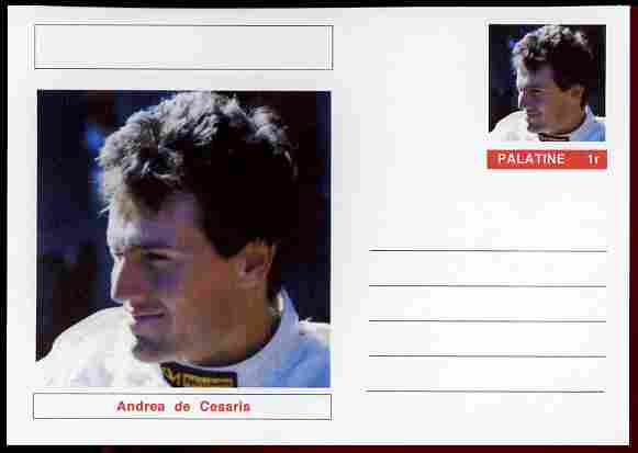 Palatine (Fantasy) Personalities - Andrea de Cesaris (F1 driver) postal stationery card unused and fine, stamps on personalities, stamps on sport, stamps on racing cars, stamps on cars, stamps on  f1 , stamps on formula 1, stamps on 