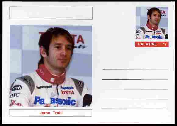 Palatine (Fantasy) Personalities - Jarno Trulli (F1 driver) postal stationery card unused and fine, stamps on , stamps on  stamps on personalities, stamps on  stamps on sport, stamps on  stamps on racing cars, stamps on  stamps on cars, stamps on  stamps on  f1 , stamps on  stamps on formula 1, stamps on  stamps on 