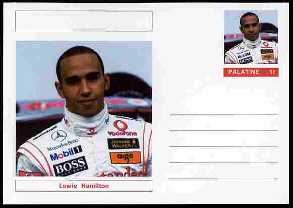 Palatine (Fantasy) Personalities - Lewis Hamilton (F1 driver) postal stationery card unused and fine, stamps on personalities, stamps on sport, stamps on racing cars, stamps on cars, stamps on  f1 , stamps on formula 1, stamps on 