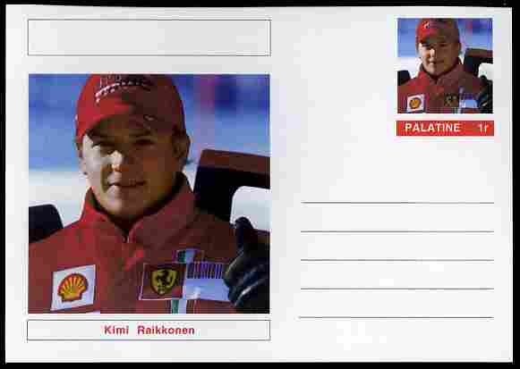 Palatine (Fantasy) Personalities - Kimi Raikkonen (F1 driver) postal stationery card unused and fine, stamps on personalities, stamps on sport, stamps on racing cars, stamps on cars, stamps on  f1 , stamps on formula 1, stamps on 