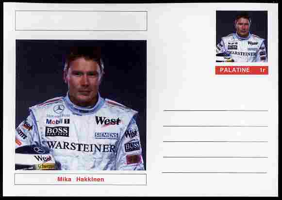 Palatine (Fantasy) Personalities - Mika Hakkinen (F1 driver) postal stationery card unused and fine, stamps on , stamps on  stamps on personalities, stamps on  stamps on sport, stamps on  stamps on racing cars, stamps on  stamps on cars, stamps on  stamps on  f1 , stamps on  stamps on formula 1, stamps on  stamps on 