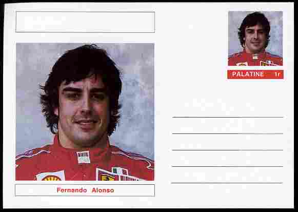 Palatine (Fantasy) Personalities - Fernando Alonso (F1 driver) postal stationery card unused and fine, stamps on , stamps on  stamps on personalities, stamps on  stamps on sport, stamps on  stamps on racing cars, stamps on  stamps on cars, stamps on  stamps on  f1 , stamps on  stamps on formula 1, stamps on  stamps on 