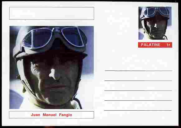 Palatine (Fantasy) Personalities - Juan Manuel Fangio (F1 driver) postal stationery card unused and fine, stamps on personalities, stamps on sport, stamps on racing cars, stamps on cars, stamps on  f1 , stamps on formula 1, stamps on 
