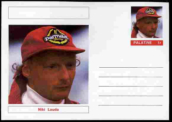 Palatine (Fantasy) Personalities - Niki Lauda (F1 driver) postal stationery card unused and fine, stamps on , stamps on  stamps on personalities, stamps on  stamps on sport, stamps on  stamps on racing cars, stamps on  stamps on cars, stamps on  stamps on  f1 , stamps on  stamps on formula 1, stamps on  stamps on 