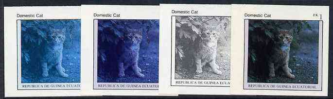 Equatorial Guinea 1976 Cats EK1 (Domestic Cat) set of 4 imperf progressive proofs on ungummed paper comprising 1, 2, 3 and all 4 colours (as Mi 797), stamps on animals   cats