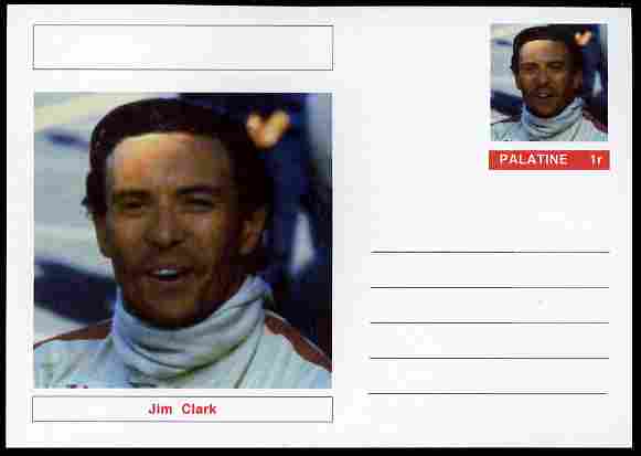 Palatine (Fantasy) Personalities - Jim Clark (F1 driver) postal stationery card unused and fine, stamps on personalities, stamps on sport, stamps on racing cars, stamps on cars, stamps on  f1 , stamps on formula 1, stamps on 