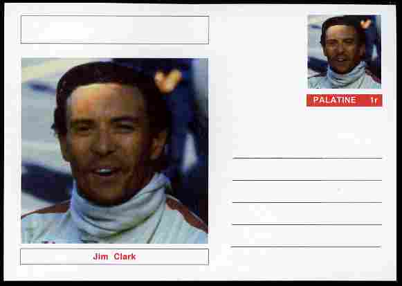 Palatine (Fantasy) Personalities - Jim Clark (F1 driver) postal stationery card unused and fine, stamps on , stamps on  stamps on personalities, stamps on  stamps on sport, stamps on  stamps on racing cars, stamps on  stamps on cars, stamps on  stamps on  f1 , stamps on  stamps on formula 1, stamps on  stamps on 