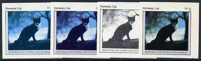 Equatorial Guinea 1976 Cats EK3 (Domestic Cat) set of 4 imperf progressive proofs on ungummed paper comprising 1, 2, 3 and all 4 colours (as Mi 798), stamps on , stamps on  stamps on animals   cats