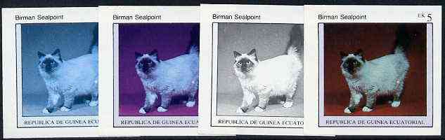 Equatorial Guinea 1976 Cats EK5 (Birman Sealpoint) set of 4 imperf progressive proofs on ungummed paper comprising 1, 2, 3 and all 4 colours (as Mi 799), stamps on , stamps on  stamps on animals   cats