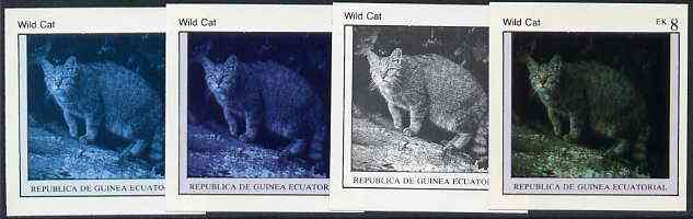 Equatorial Guinea 1976 Cats EK8 (Wild Cat) set of 4 imperf progressive proofs on ungummed paper comprising 1, 2, 3 and all 4 colours (as Mi 800), stamps on , stamps on  stamps on animals   cats