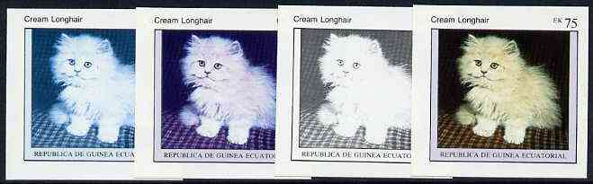 Equatorial Guinea 1976 Cats EK75 (Cream Longhair) set of 4 imperf progressive proofs on ungummed paper comprising 1, 2, 3 and all 4 colours (as Mi 803), stamps on , stamps on  stamps on animals   cats