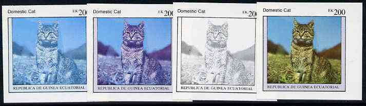 Equatorial Guinea 1976 Cats EK200 (Domestic Cat) set of 4 imperf progressive proofs on ungummed paper comprising 1, 2, 3 and all 4 colours (as Mi 804), stamps on , stamps on  stamps on animals   cats