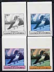 Equatorial Guinea 1977 Birds EK1 (Swallow) set of 4 imperf progressive proofs on ungummed paper comprising 1, 2, 3 and all 4 colours (as Mi 1205) , stamps on birds