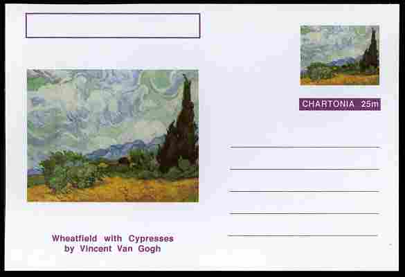 Chartonia (Fantasy) Famous Paintings - Wheatfield with Cypresses by Vincent Van Gogh postal stationery card unused and fine, stamps on , stamps on  stamps on arts, stamps on  stamps on van gogh, stamps on  stamps on trees