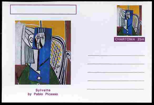 Chartonia (Fantasy) Famous Paintings - Sylvette by Pablo Picasso postal stationery card unused and fine, stamps on arts, stamps on picasso, stamps on women
