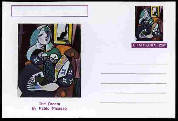 Chartonia (Fantasy) Famous Paintings - The Dream by Pablo Picasso postal stationery card unused and fine, stamps on arts, stamps on picasso, stamps on 