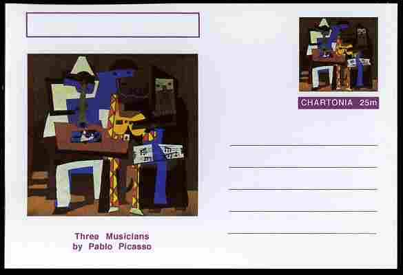 Chartonia (Fantasy) Famous Paintings - Three Musicians by Pablo Picasso postal stationery card unused and fine, stamps on , stamps on  stamps on arts, stamps on  stamps on picasso, stamps on  stamps on music