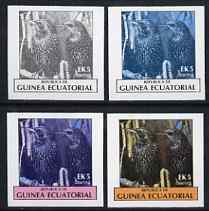 Equatorial Guinea 1977 Birds EK5 (Starlings) set of 4 imperf progressive proofs on ungummed paper comprising 1, 2, 3 and all 4 colours (as Mi 1207), stamps on , stamps on  stamps on birds      starling