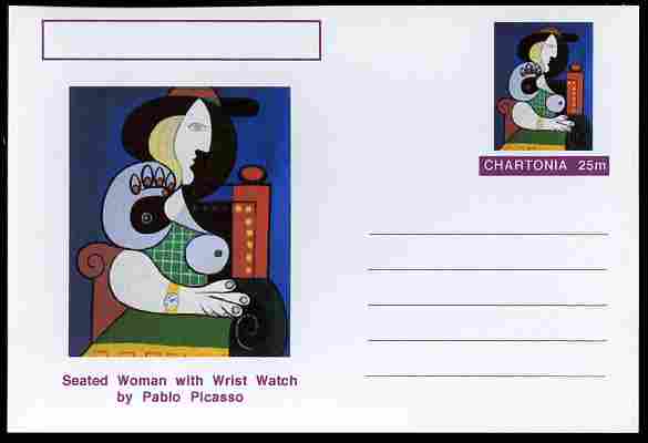 Chartonia (Fantasy) Famous Paintings - Seated Woman with Wrist Watch by Pablo Picasso postal stationery card unused and fine, stamps on , stamps on  stamps on arts, stamps on  stamps on picasso, stamps on  stamps on women, stamps on  stamps on clocks