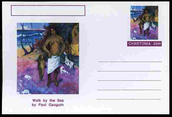 Chartonia (Fantasy) Famous Paintings - Walk by the Sea by Paul Gauguin postal stationery card unused and fine, stamps on , stamps on  stamps on arts, stamps on  stamps on gauguin, stamps on  stamps on nudes