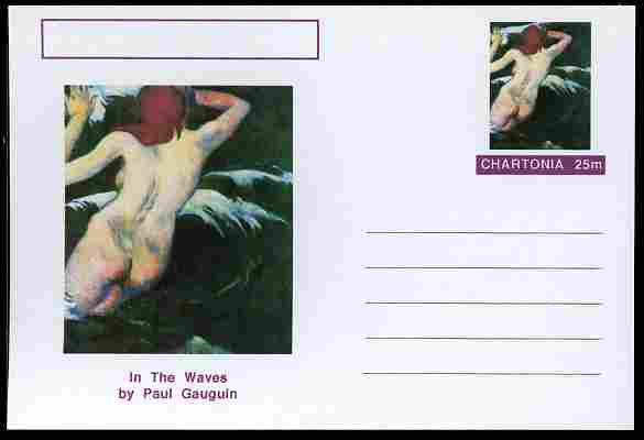 Chartonia (Fantasy) Famous Paintings - In the Waves by Paul Gauguin postal stationery card unused and fine, stamps on arts, stamps on gauguin, stamps on nudes, stamps on swimming