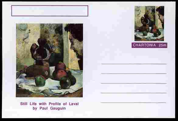 Chartonia (Fantasy) Famous Paintings - Still Life with Portrait of Laval by Paul Gauguin postal stationery card unused and fine, stamps on arts, stamps on gauguin, stamps on 