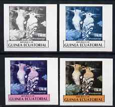 Equatorial Guinea 1977 Birds EK8 (Woodpeckers) set of 4 imperf progressive proofs on ungummed paper comprising 1, 2, 3 and all 4 colours (as Mi 1208), stamps on birds    woodpecker