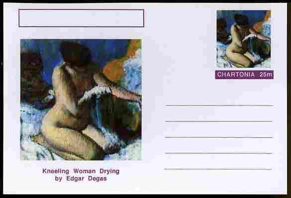 Chartonia (Fantasy) Famous Paintings - Kneeling Woman Drying by Edgar Degas postal stationery card unused and fine, stamps on arts, stamps on degas, stamps on women, stamps on nudes