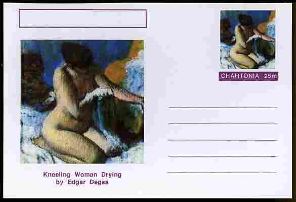 Chartonia (Fantasy) Famous Paintings - Kneeling Woman Drying by Edgar Degas postal stationery card unused and fine, stamps on , stamps on  stamps on arts, stamps on  stamps on degas, stamps on  stamps on women, stamps on  stamps on nudes