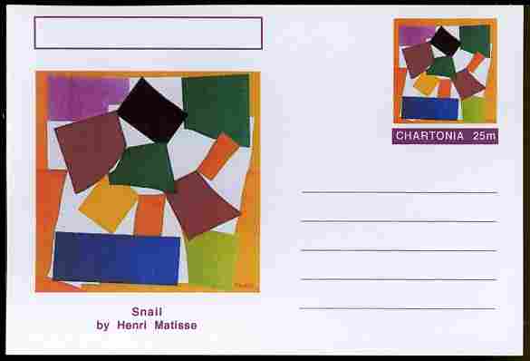 Chartonia (Fantasy) Famous Paintings - Snail by Henri Matisse postal stationery card unused and fine, stamps on , stamps on  stamps on arts, stamps on  stamps on matisse, stamps on  stamps on shells