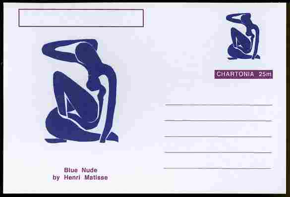 Chartonia (Fantasy) Famous Paintings - Blue Nude by Henri Matisse postal stationery card unused and fine, stamps on , stamps on  stamps on arts, stamps on  stamps on matisse, stamps on  stamps on nudes