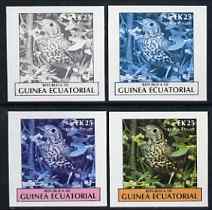 Equatorial Guinea 1977 Birds EK25 (Mistle Thrush) set of 4 imperf progressive proofs on ungummed paper comprising 1, 2, 3 and all 4 colours (as Mi 1209), stamps on , stamps on  stamps on birds