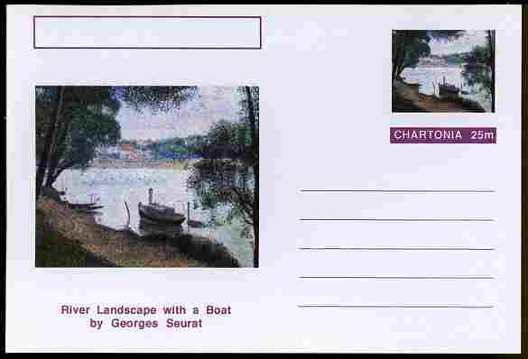 Chartonia (Fantasy) Famous Paintings - River Landscape with a Boat by Georges Seurat postal stationery card unused and fine, stamps on , stamps on  stamps on arts, stamps on  stamps on seurat, stamps on  stamps on rivers