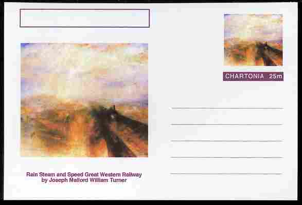 Chartonia (Fantasy) Famous Paintings - Rain Steam and Speed Great Western Railway by Joseph Mallord William Turner postal stationery card unused and fine, stamps on , stamps on  stamps on arts, stamps on  stamps on turner, stamps on  stamps on weather, stamps on  stamps on railways