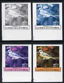 Equatorial Guinea 1977 Birds EK75 (Blue Tit) set of 4 imperf progressive proofs on ungummed paper comprising 1, 2, 3 and all 4 colours (as Mi 1211), stamps on birds