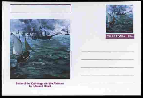 Chartonia (Fantasy) Famous Paintings - Battle of the Kearsarge and the Alabama by Edouard Manet postal stationery card unused and fine, stamps on , stamps on  stamps on arts, stamps on  stamps on manet, stamps on  stamps on battles, stamps on  stamps on ships, stamps on  stamps on 