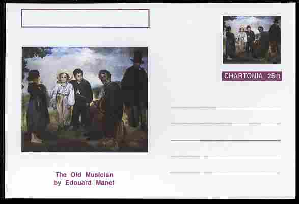 Chartonia (Fantasy) Famous Paintings - The Old Musician by Edouard Manet postal stationery card unused and fine, stamps on arts, stamps on manet, stamps on music