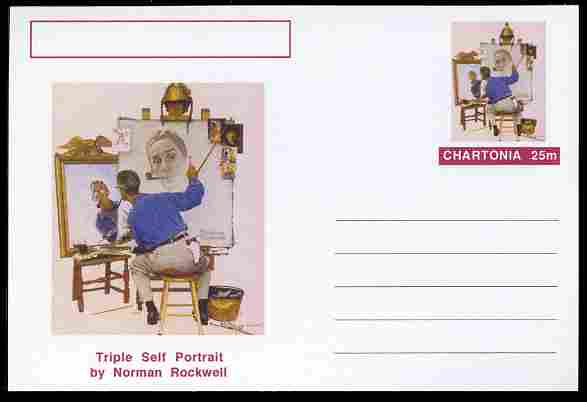 Chartonia (Fantasy) Famous Paintings - Triple Self Portrait by Norman Rockwell postal stationery card unused and fine, stamps on , stamps on  stamps on arts, stamps on  stamps on rockwell