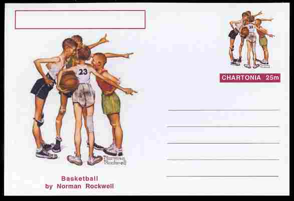 Chartonia (Fantasy) Famous Paintings - Basketball by Norman Rockwell postal stationery card unused and fine, stamps on , stamps on  stamps on arts, stamps on  stamps on rockwell, stamps on  stamps on sport, stamps on  stamps on basketball