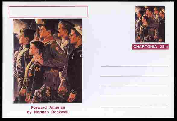 Chartonia (Fantasy) Famous Paintings - Forward America by Norman Rockwell postal stationery card unused and fine, stamps on , stamps on  stamps on arts, stamps on  stamps on rockwell, stamps on  stamps on americana, stamps on  stamps on scouts